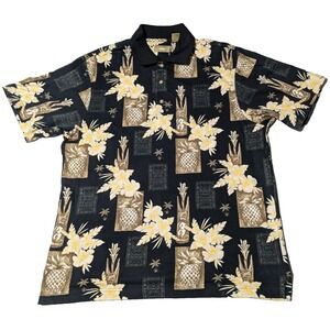 NATURAL‎ ISSUE Men Medium Black TIKI IDOL Pineapple Floral Hawaiian Polo Shirt